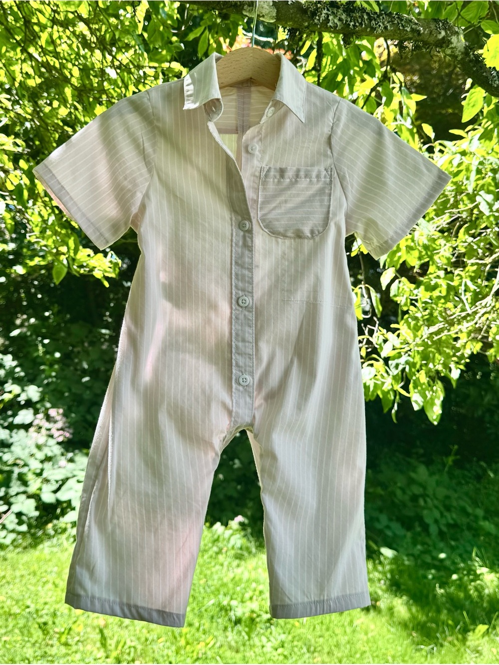 Pale Pink + White Stripe Upcycled 100% Cotton Baby Coveralls